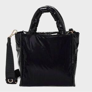 A New Day Shiny Black Faux Leather Boxy Puff Crossbody Bag Detachable Strap